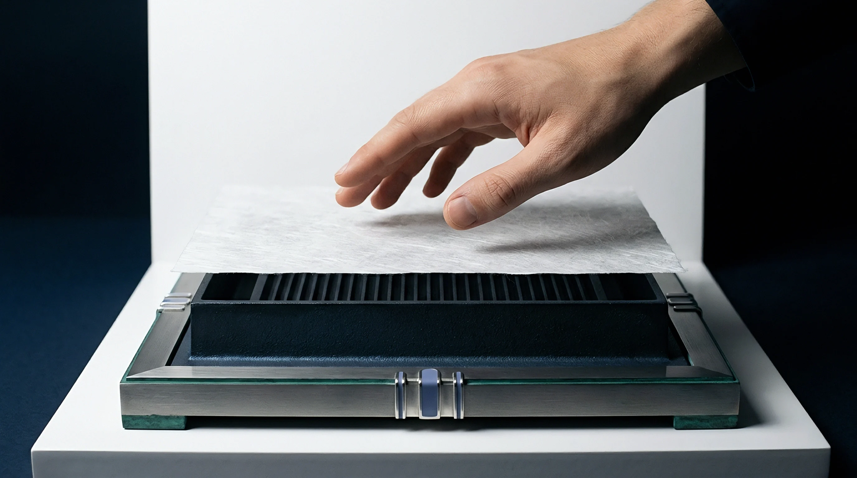 A human hand hovers over a dark, ribbed rectangular object nestled within a sleek, multi-material display tray on a white surface.
