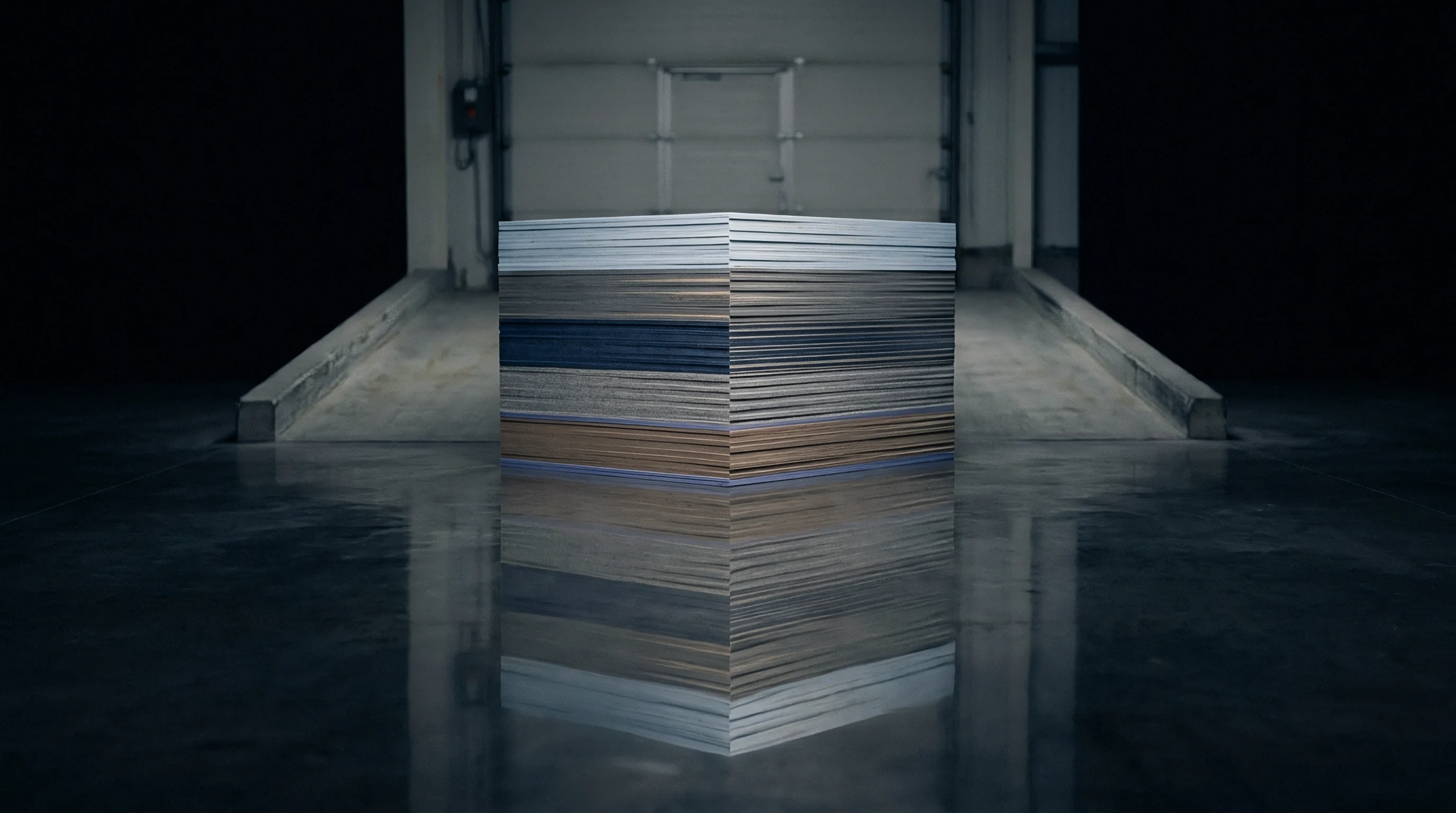 A rectangular stack of diverse material sheets stands on a wet concrete floor inside an industrial warehouse loading area.