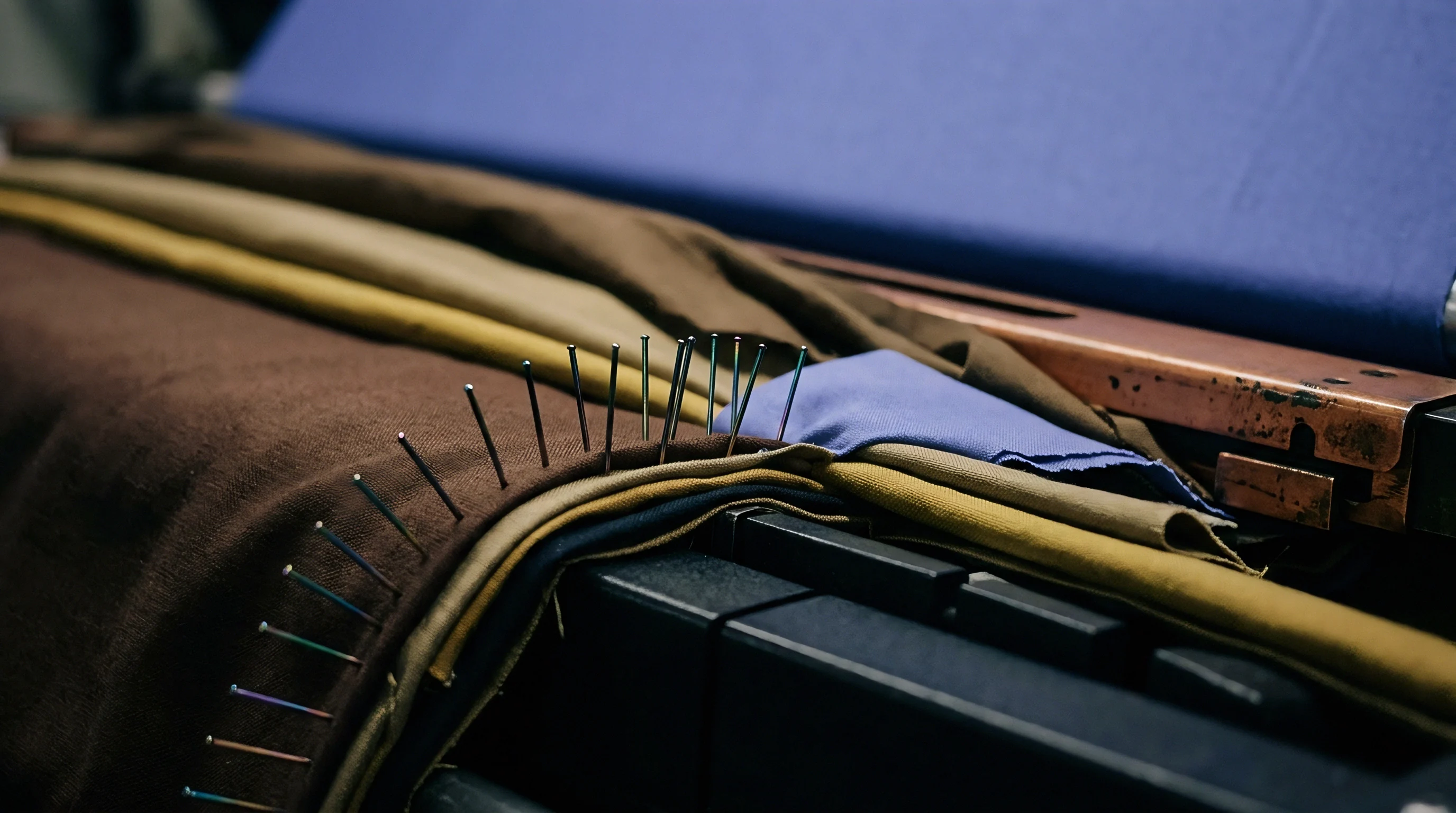 Layers of brown, tan, and blue woven textiles are meticulously secured with numerous sharp pins on an industrial workspace.