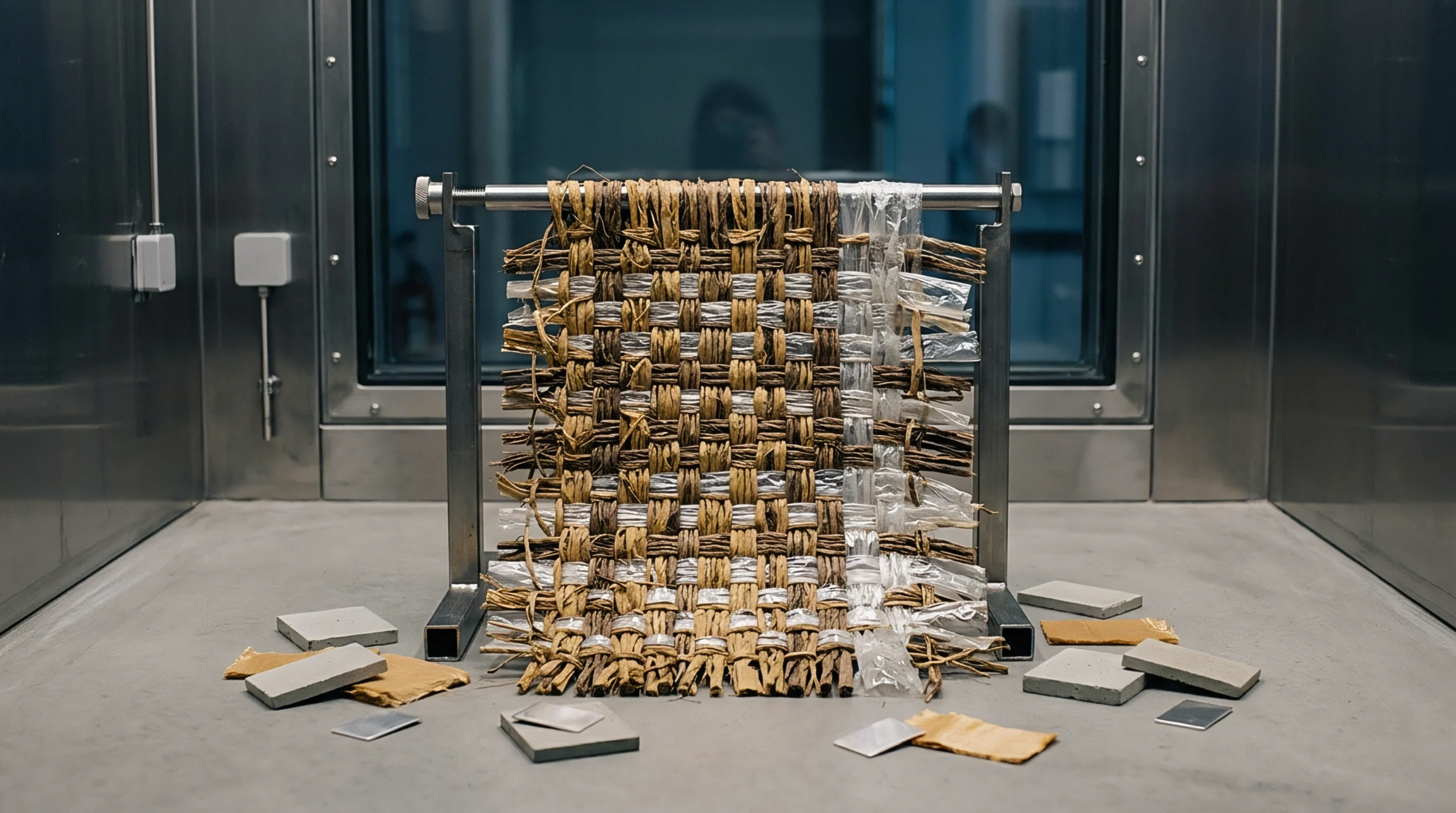 A metal loom holds a woven structure of plant fibers and transparent polymer strips positioned inside a laboratory testing environment alongside loose sample tiles.