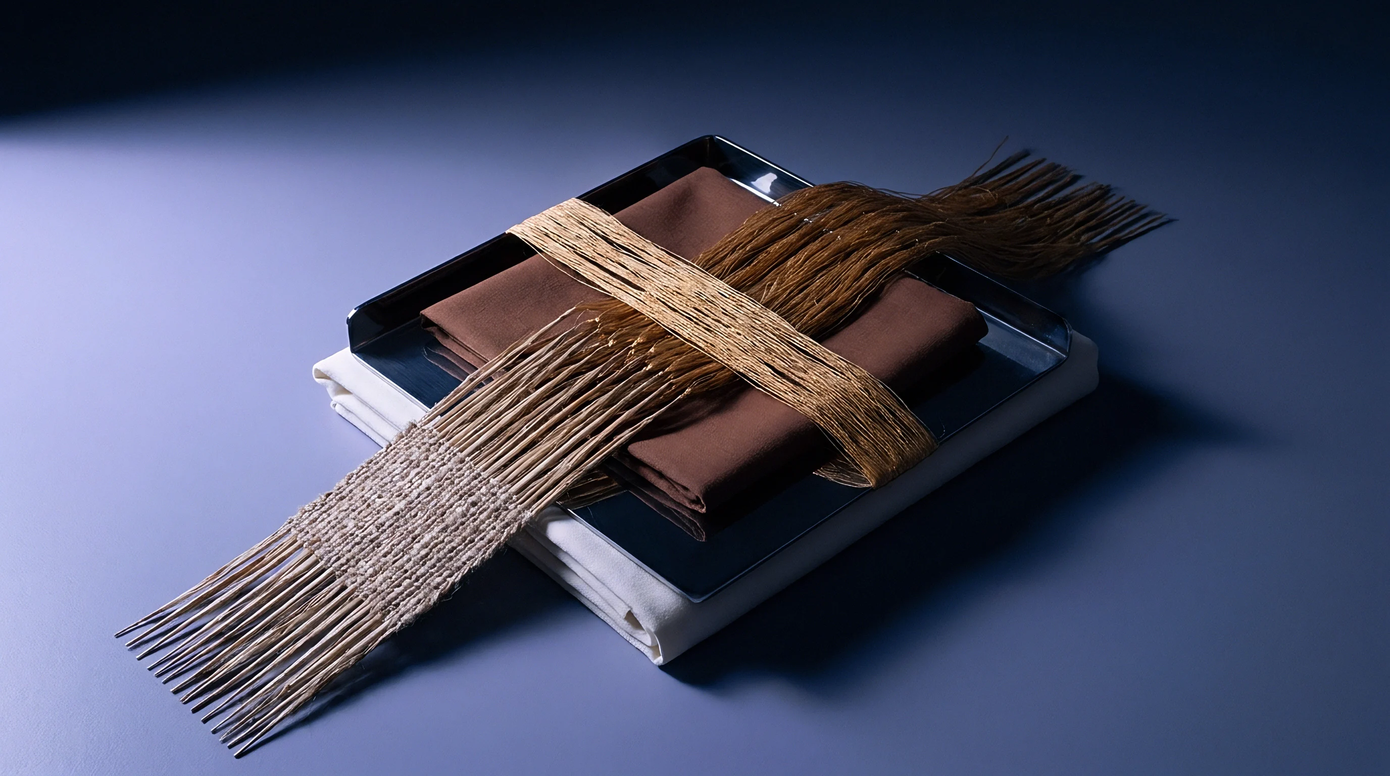 A woven section of stiff natural bast fibre rests across dark brown textile squares contained within a polished metallic tray placed atop white fabric layers.