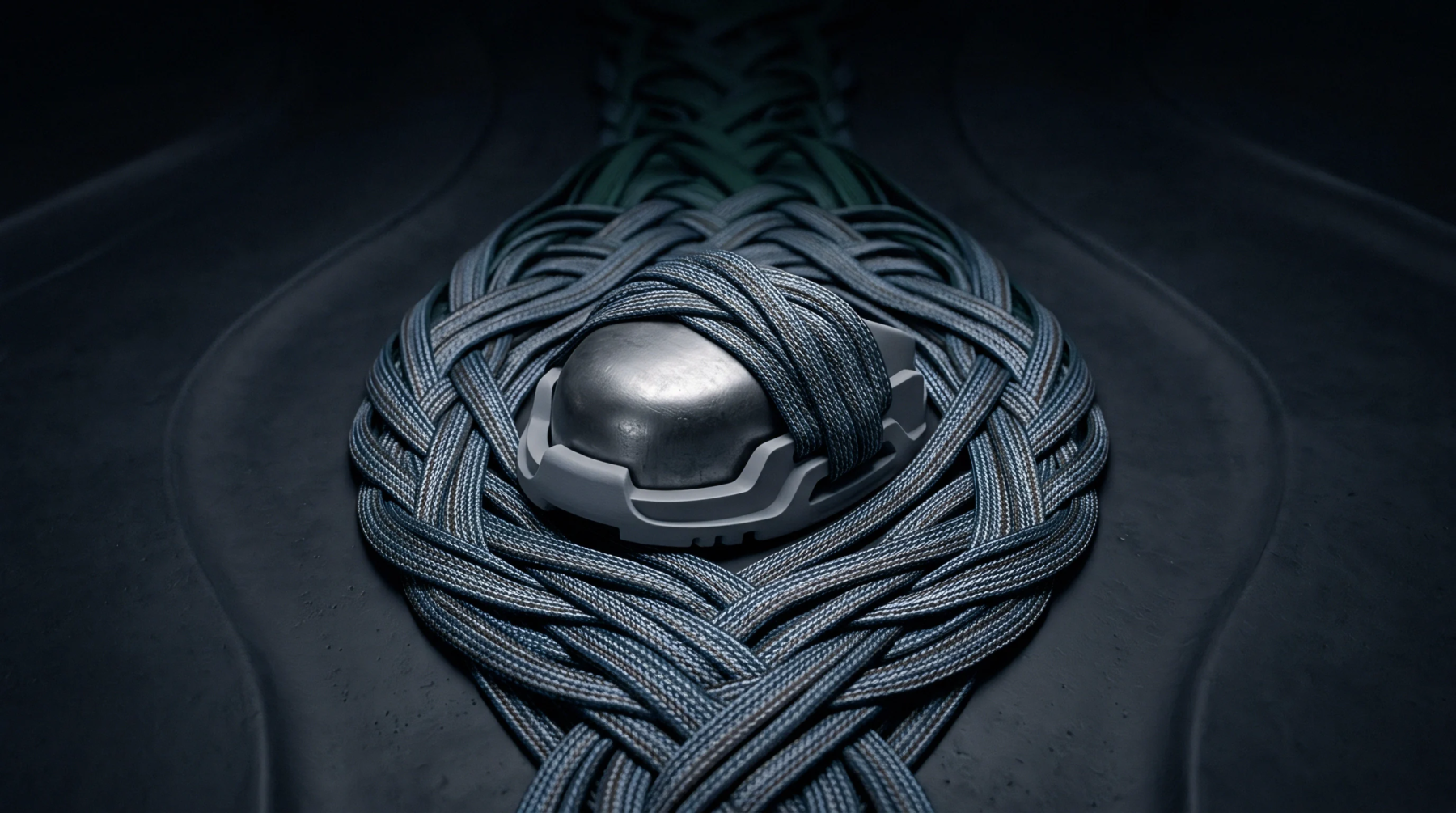 Braided synthetic cords interlace around a central metallic housing mounted on a dark textured substrate within this digital render.