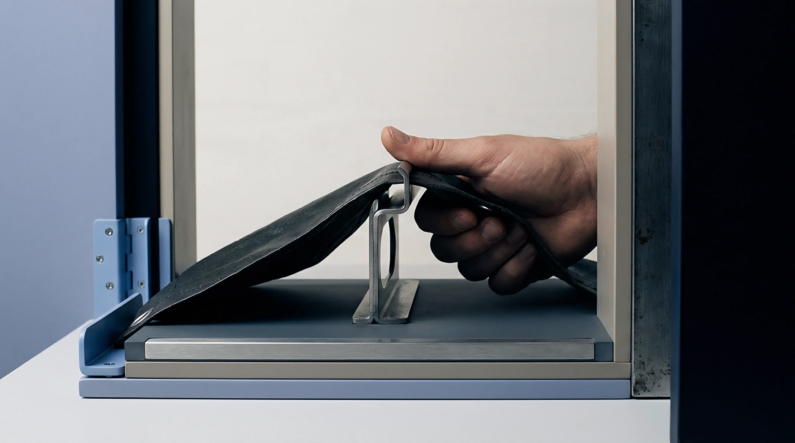 A hand holds a swatch of heavy technical fabric against a metal jig to perform a standardized flex resistance test within a laboratory environment.