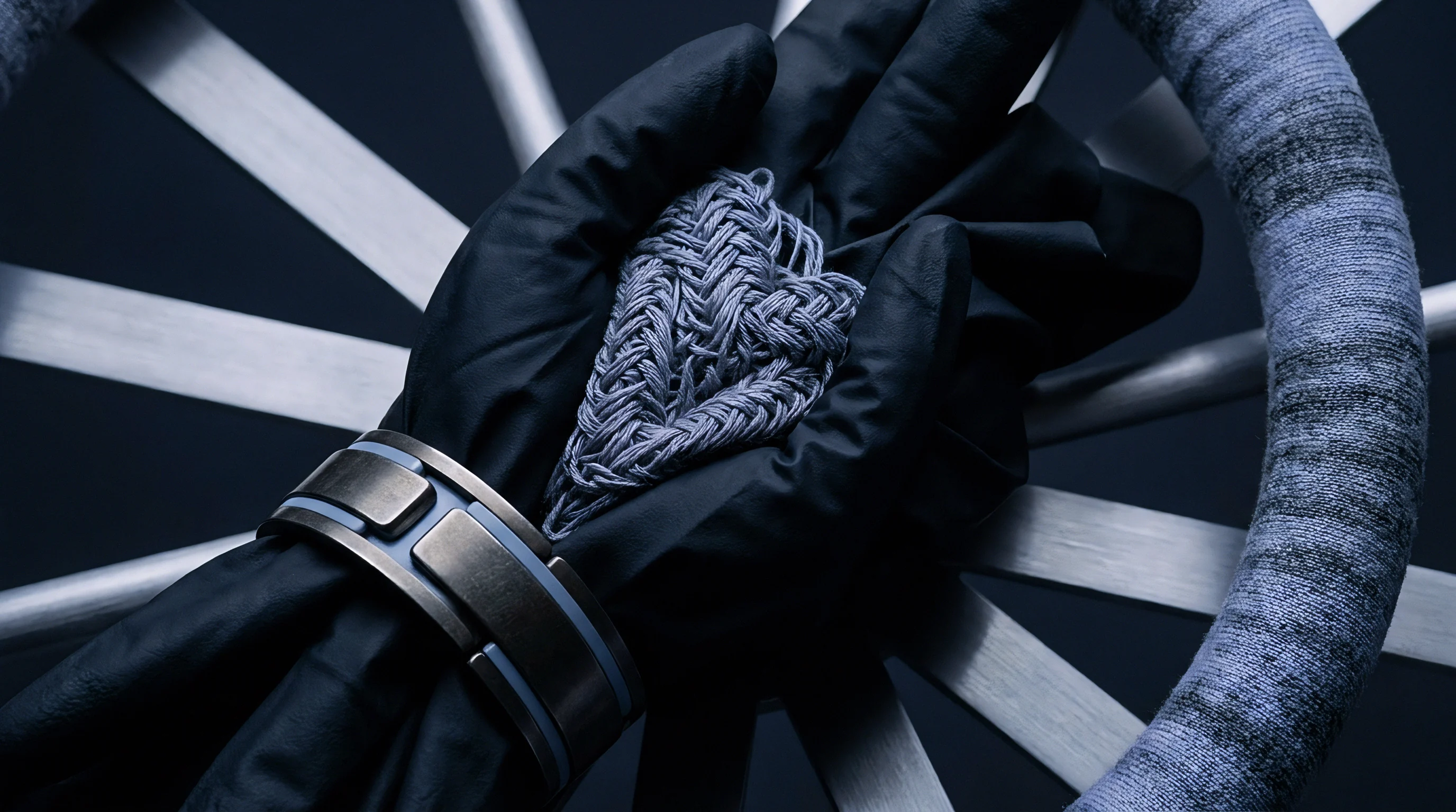 A gloved hand with a metallic cuff holds an intricately braided textile structure against a background of radial metal spokes.