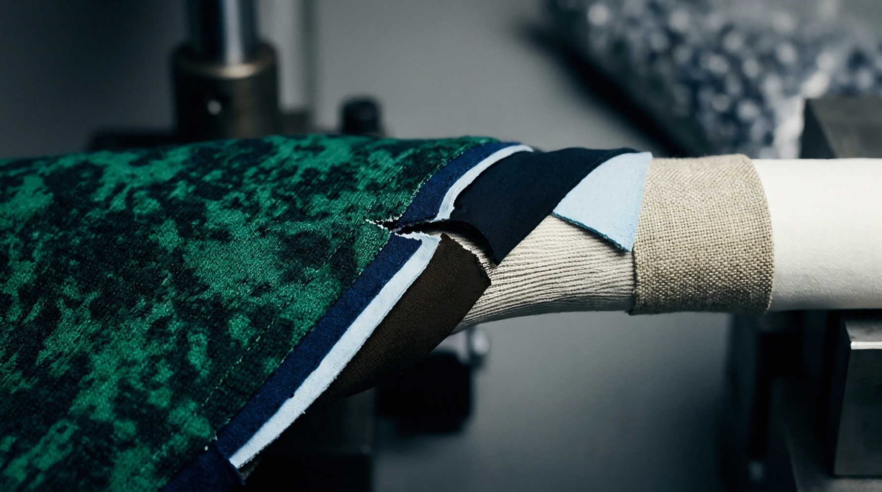 Stacked fabric specimens of varying weights and finishes wrap around a technical mandrel inside an industrial materials research facility.