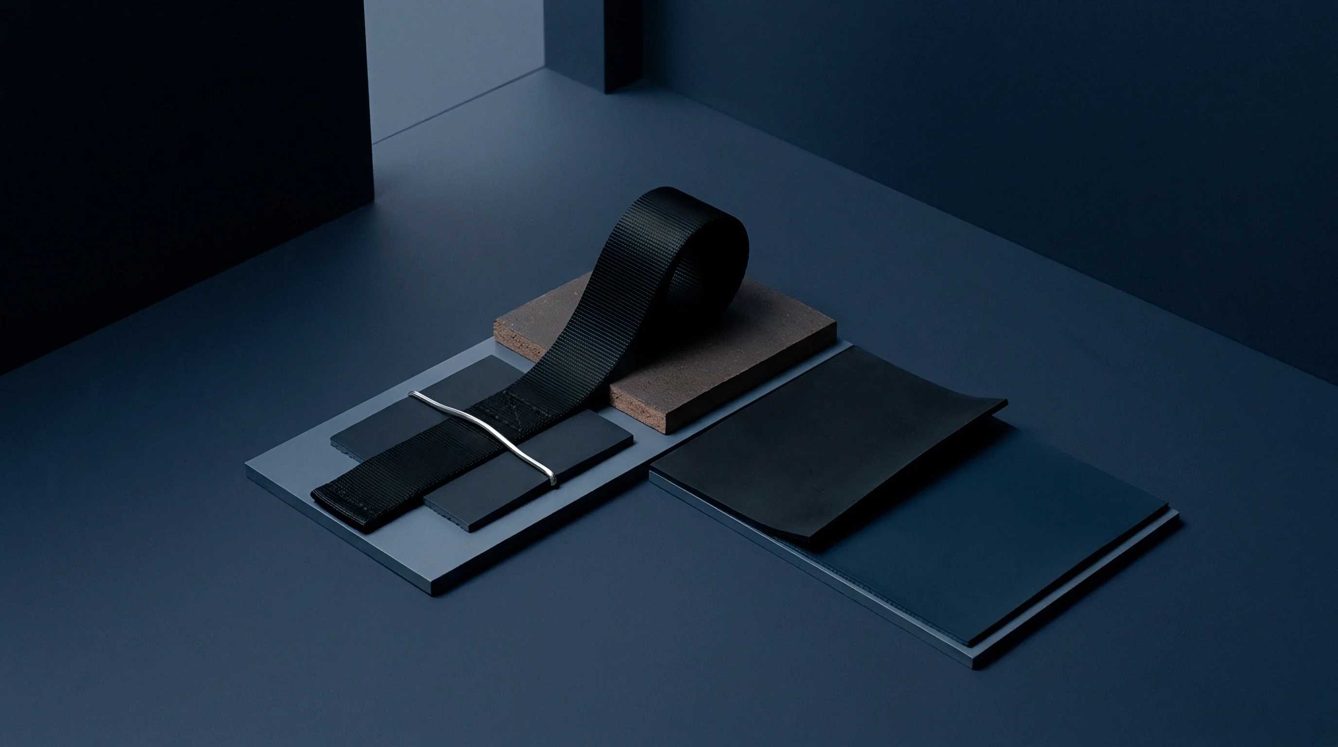 Flat samples of various technical materials and a black woven strap are arranged in a structured, contemporary design studio setting.