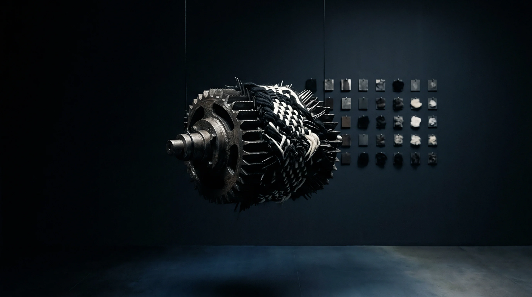 An industrial component integrates a black and white woven textile structure, presented alongside a collection of material samples on a dark wall.