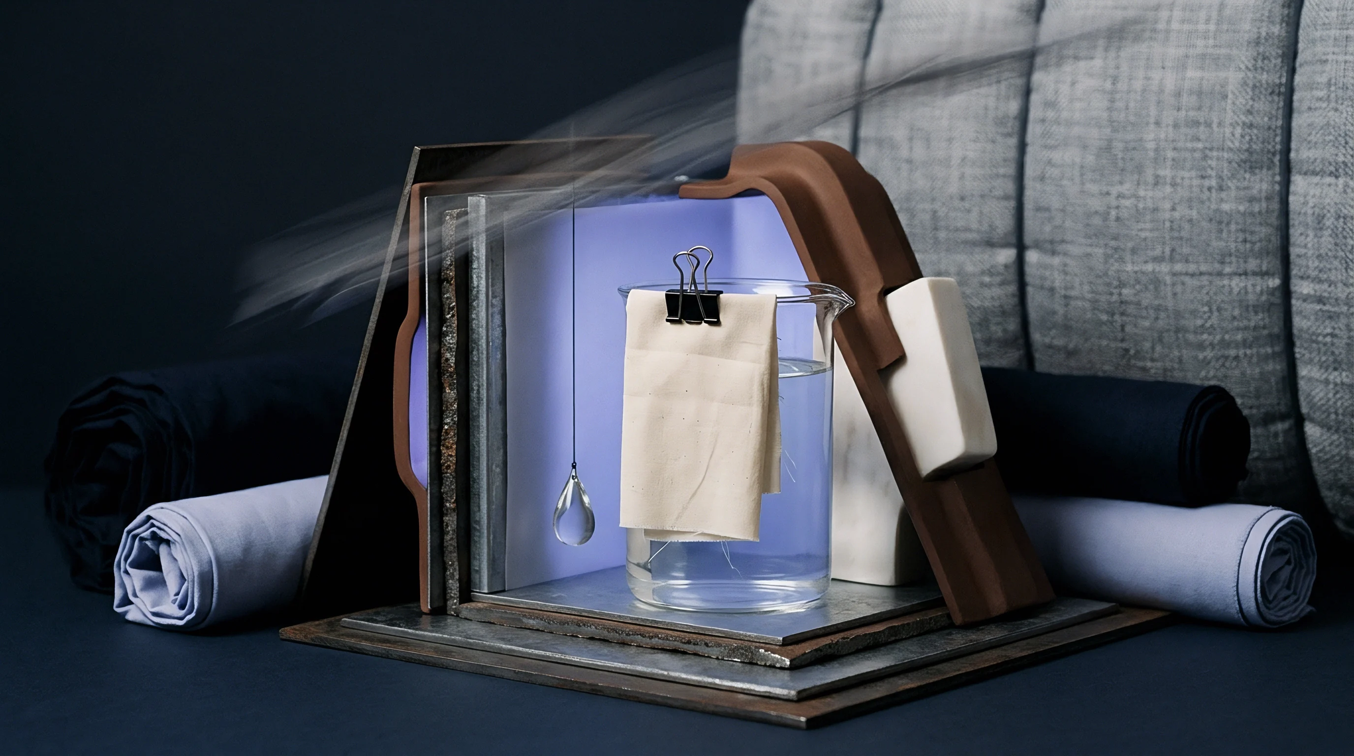 Textile samples and laboratory glassware occupy a digital render of a conceptual testing apparatus flanked by rolls of finished cloth.