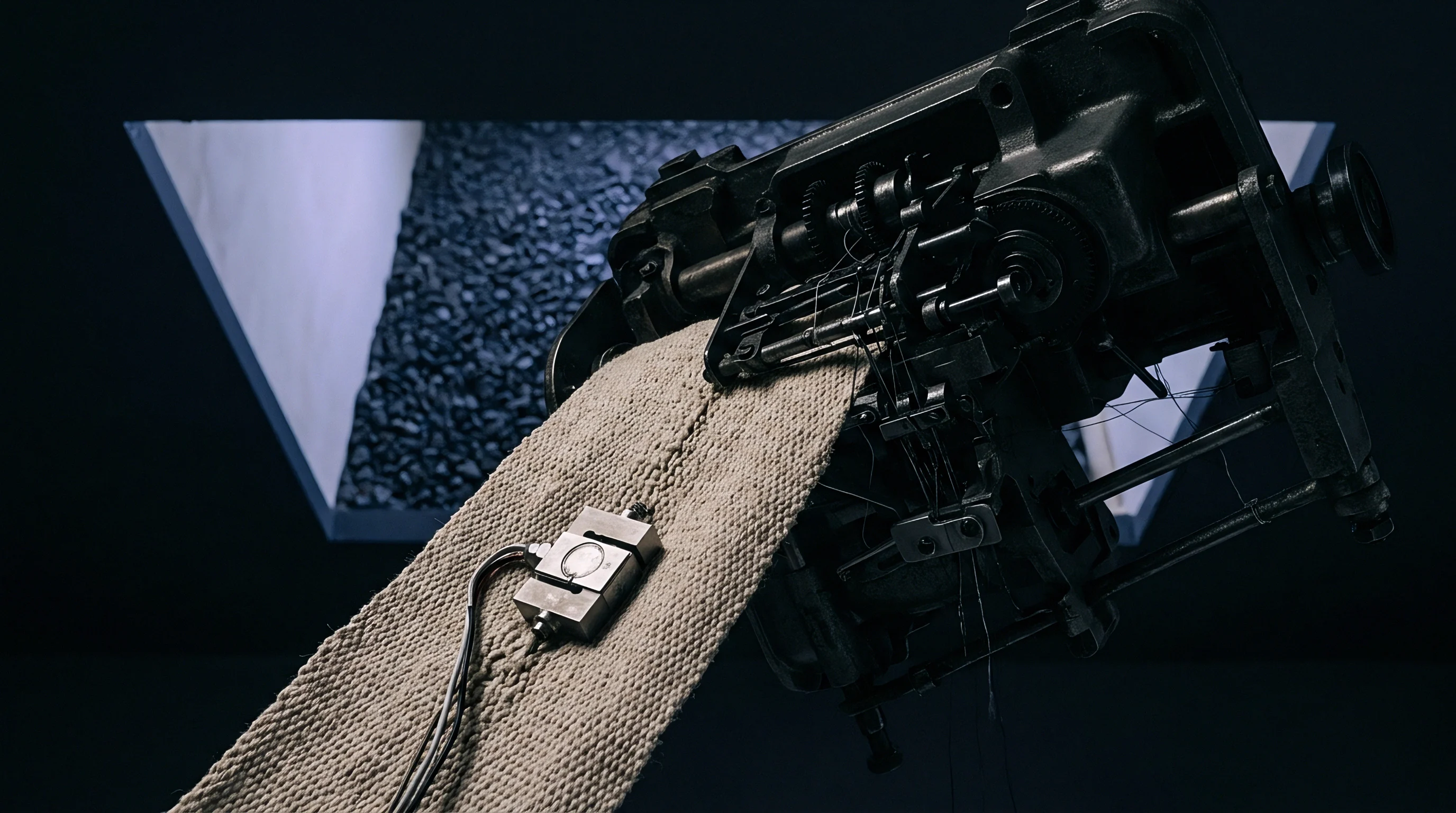 A heavy industrial textile machine feeds a thick woven strap carrying an electronic sensor unit across a dark production floor.
