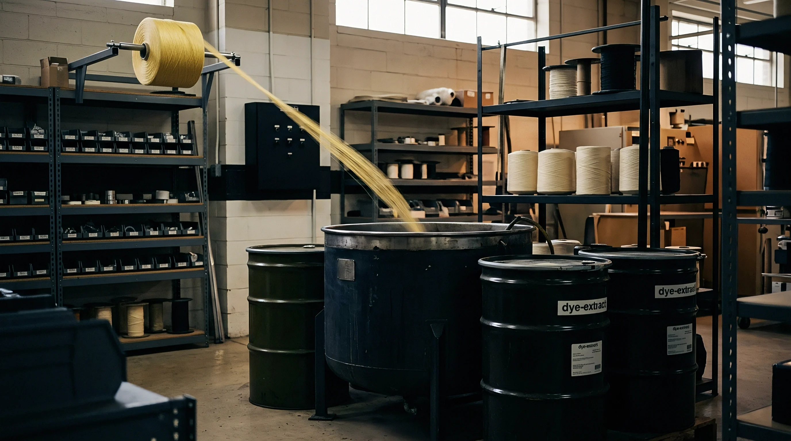 Raw textile fibers unwind from a large yellow spool into a dark industrial vat on a concrete floor in a processing facility.