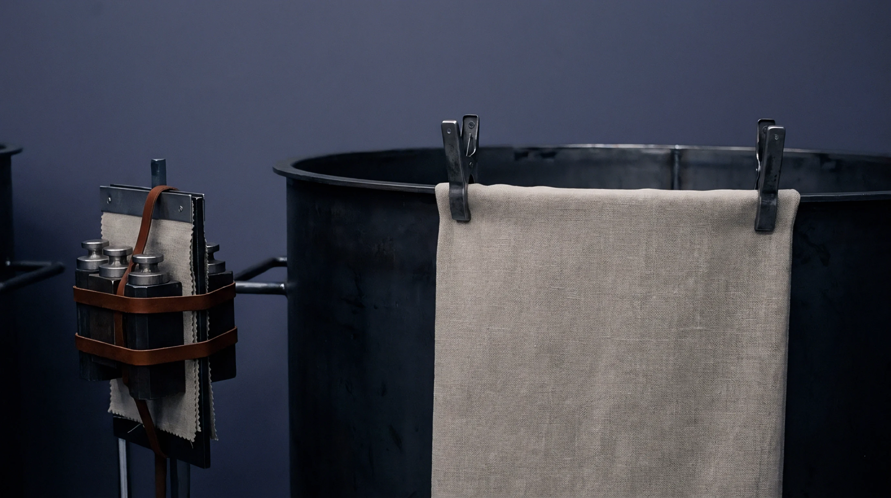 A bast fiber fabric specimen hangs clamped to the rim of a dark metal vessel beside a weighted sample holder in a testing laboratory.