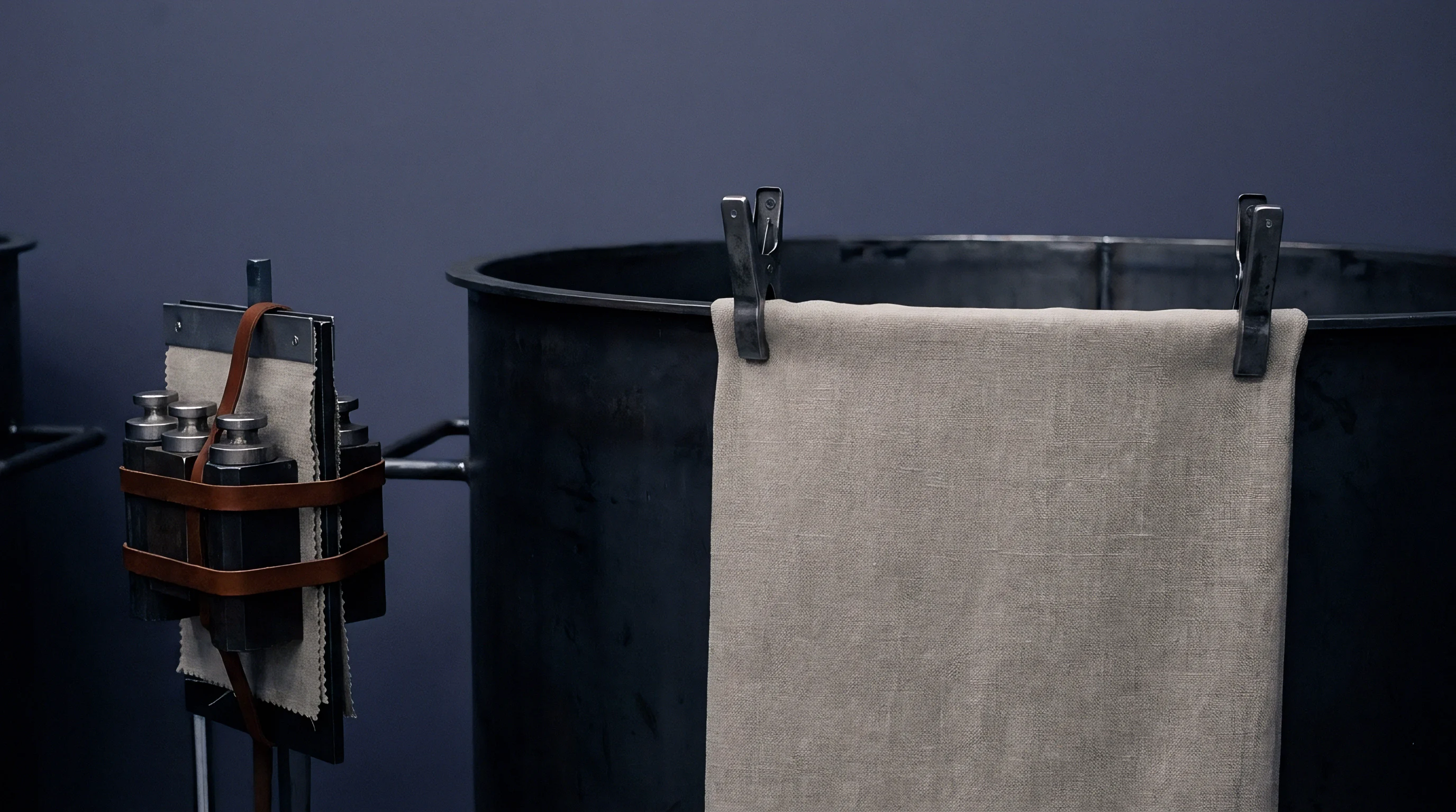 A bast fiber fabric specimen hangs clamped to the rim of a dark metal vessel beside a weighted sample holder in a testing laboratory.