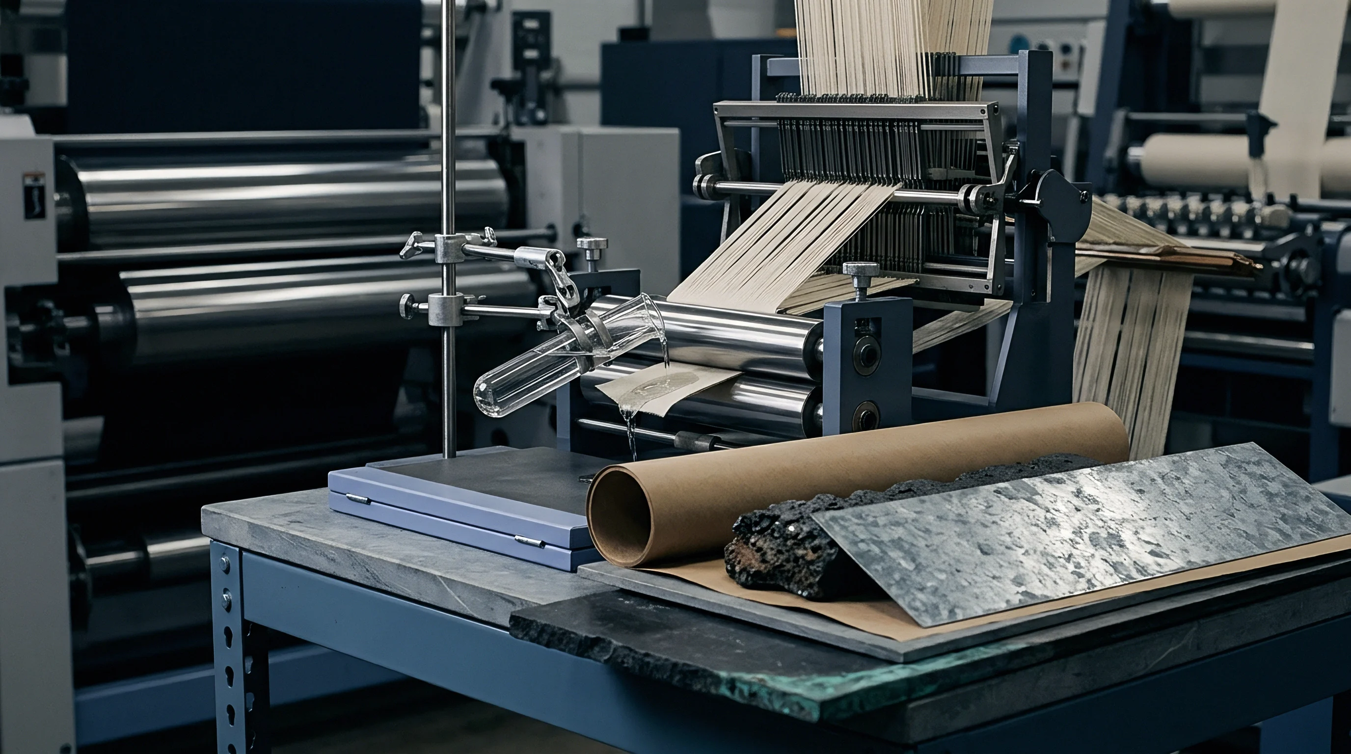 Metal rollers guide parallel textile yarns across a laboratory workbench equipped with chemical testing apparatus and material samples inside a factory.