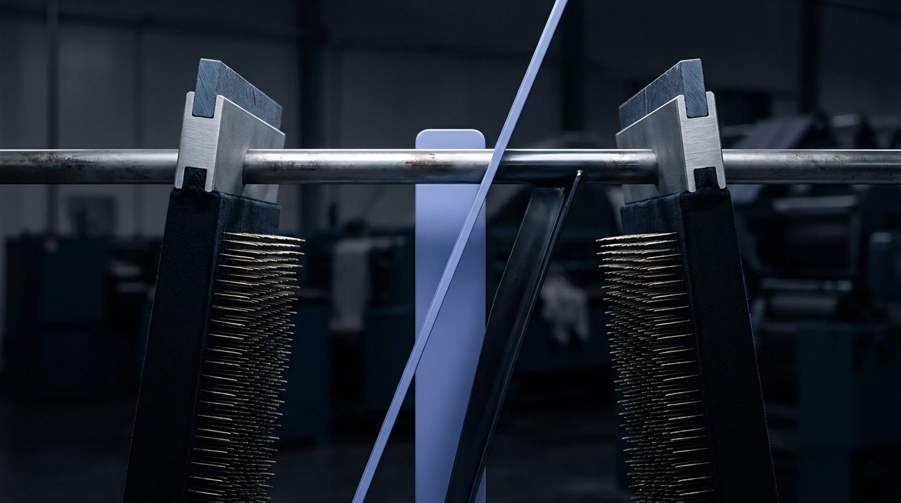 Narrow textile material is precisely guided by industrial machinery components featuring rows of fine metallic elements on a horizontal support bar.