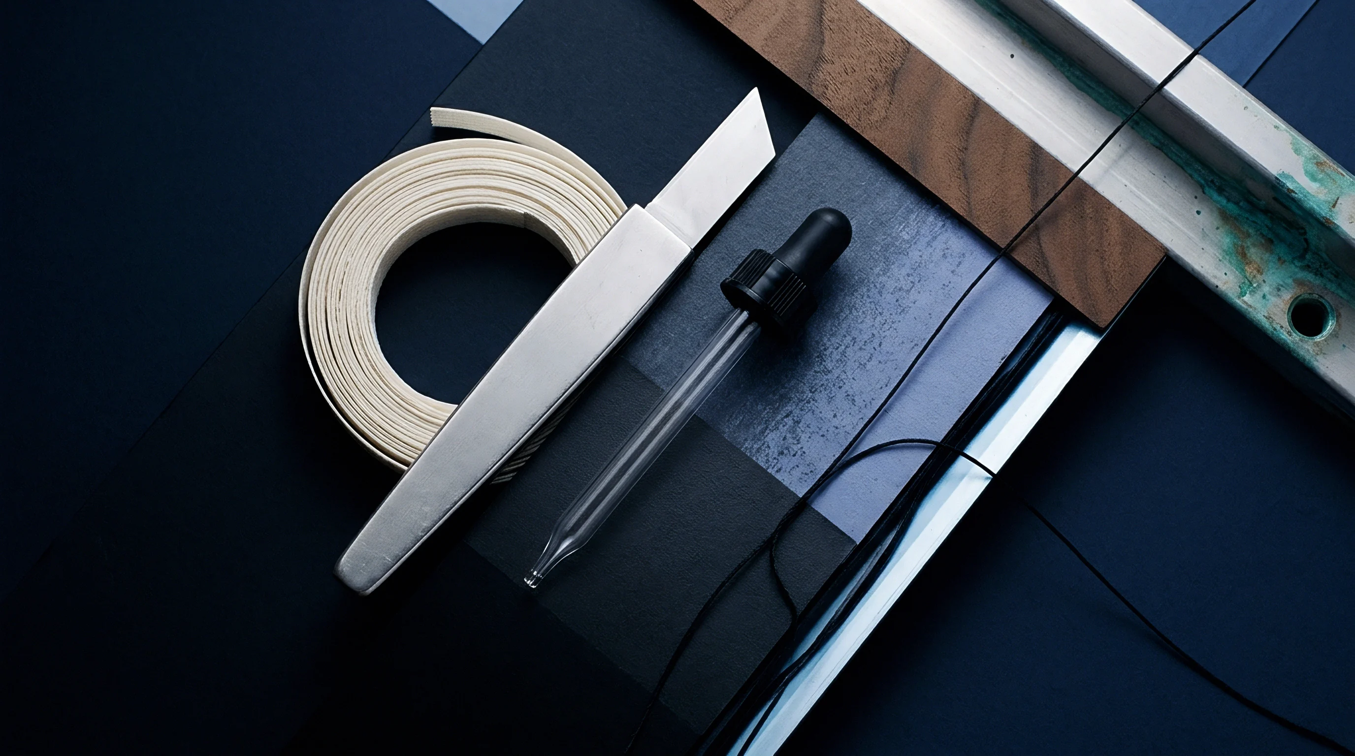 A collection of material samples and tools includes a roll of fabric trim, a cutting implement, and a glass dropper on layered surfaces.