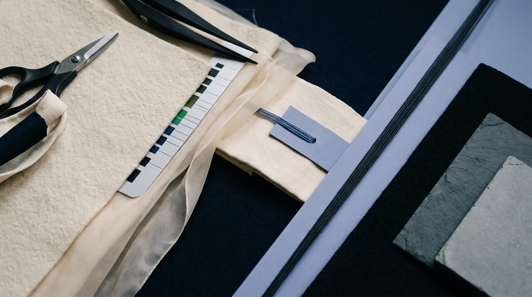 Textile samples including off white woven linens and sheer fabrics rest on a dark surface alongside scissors tweezers and slate tiles.
