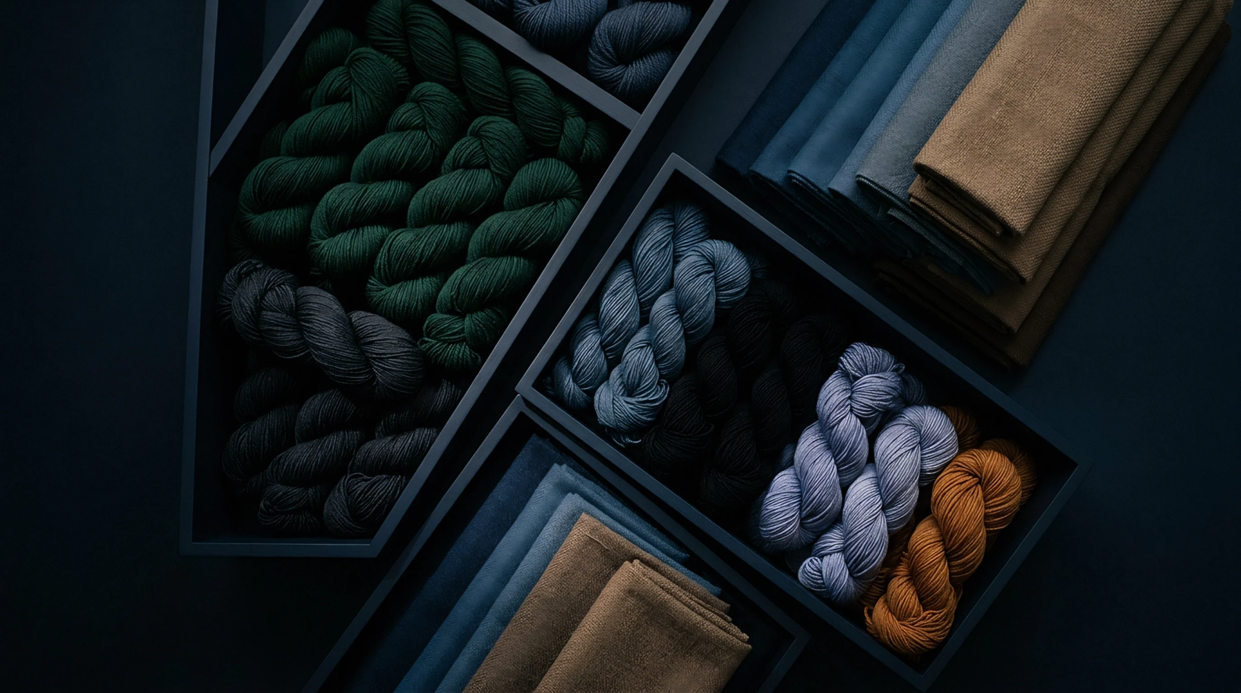 Skeins of dyed yarn and folded fabric panels are organized within dark geometric trays on a dark background.