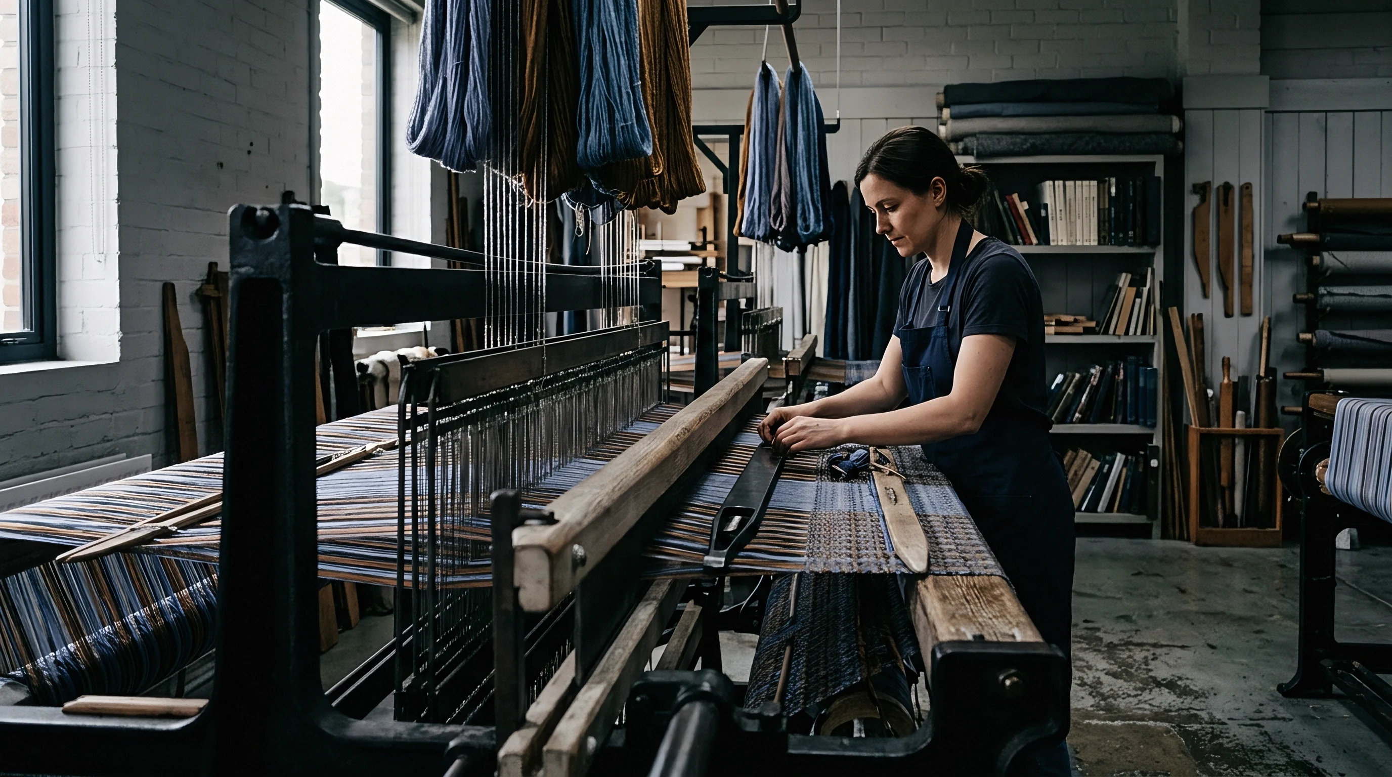 A textile artisan operates a large manual weaving loom to produce patterned fabric within a workshop filled with dyed yarn skeins.