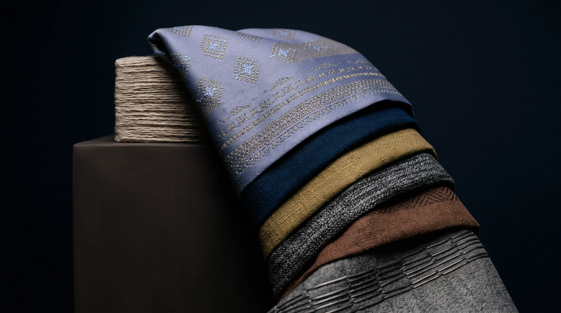 A diagonal stack of diverse textile samples rests on a dark plinth, featuring patterned and solid woven fabrics alongside a textured material stack.