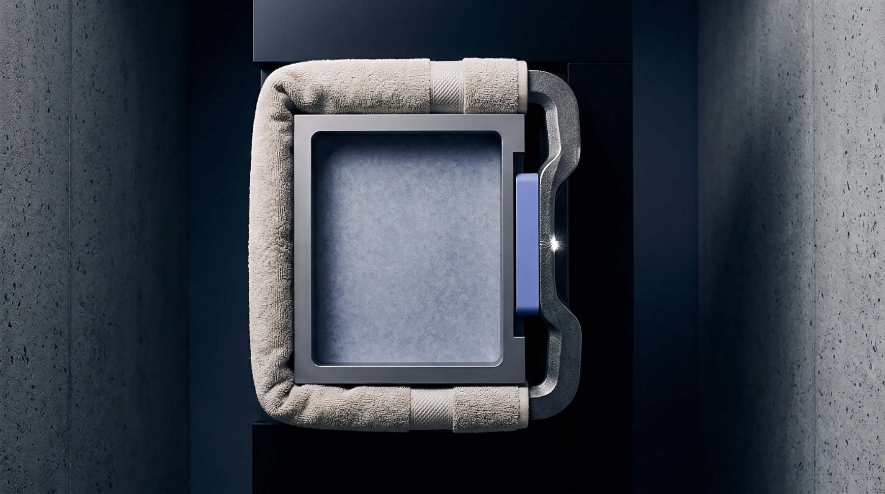 A digital render portrays a woven cotton towel clamped tightly across a metallic testing frame inside a dark industrial concrete facility.