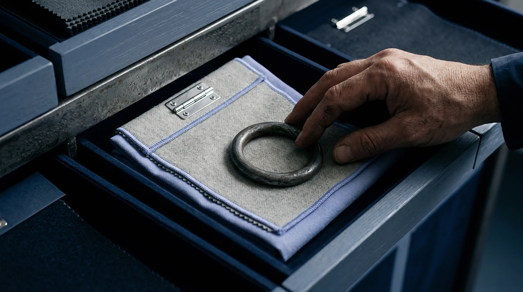 A human hand touches a metallic ring resting upon a grey felt textile swatch inside a blue storage drawer containing material samples.