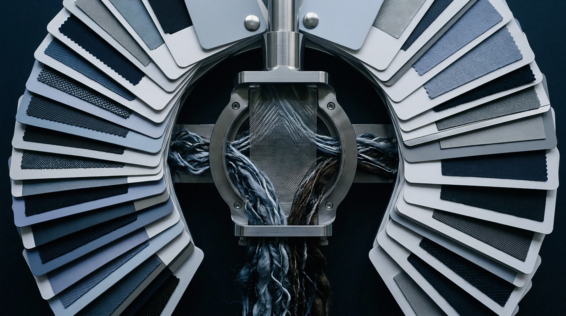 Textile sample cards form a concentric arc around a central circular clamp securing interwoven blue and brown yarns against a dark background.