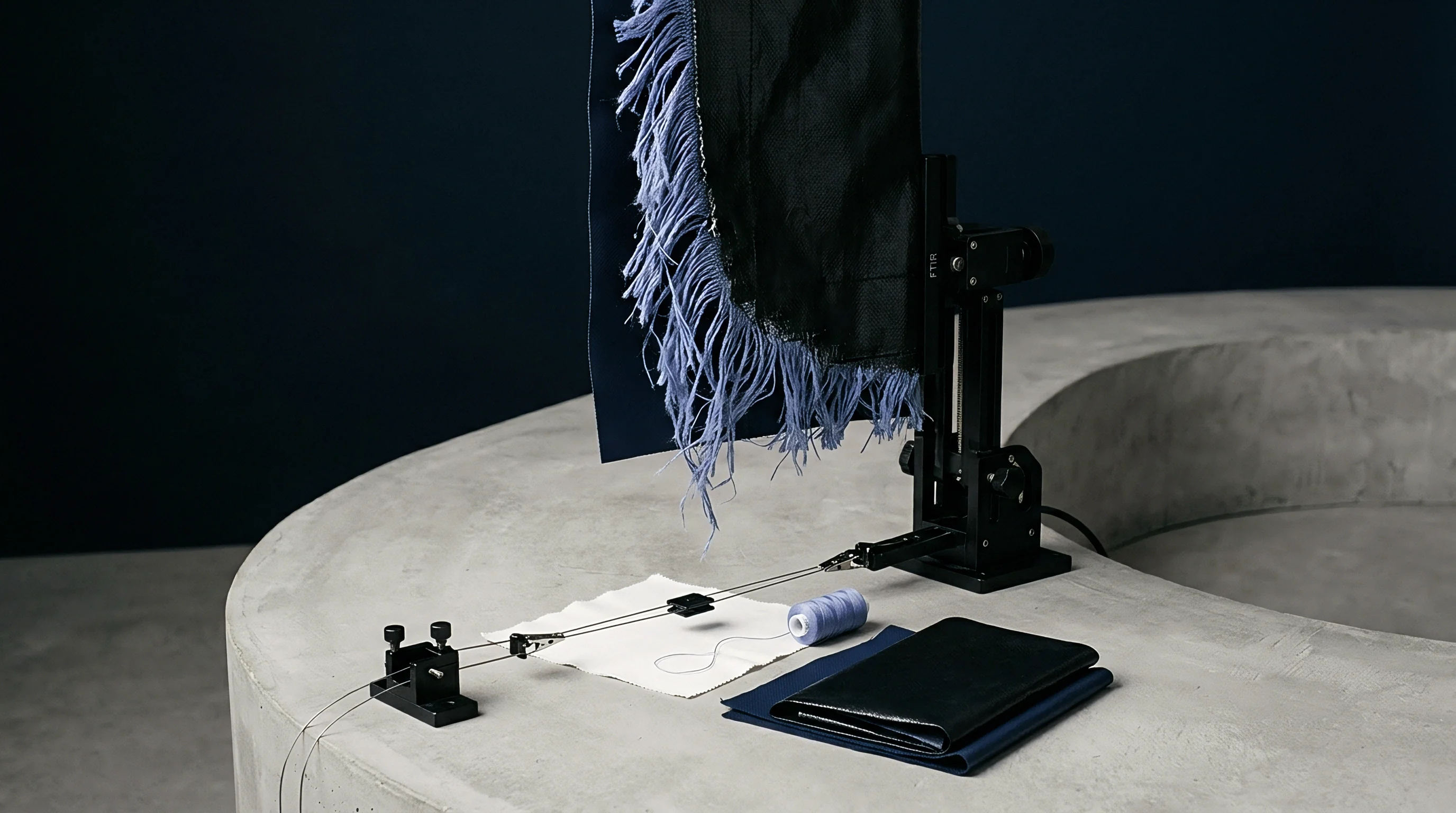 Tensile strength testing apparatus holds a frayed fabric sample near spools of thread and folded swatches on a concrete workbench.
