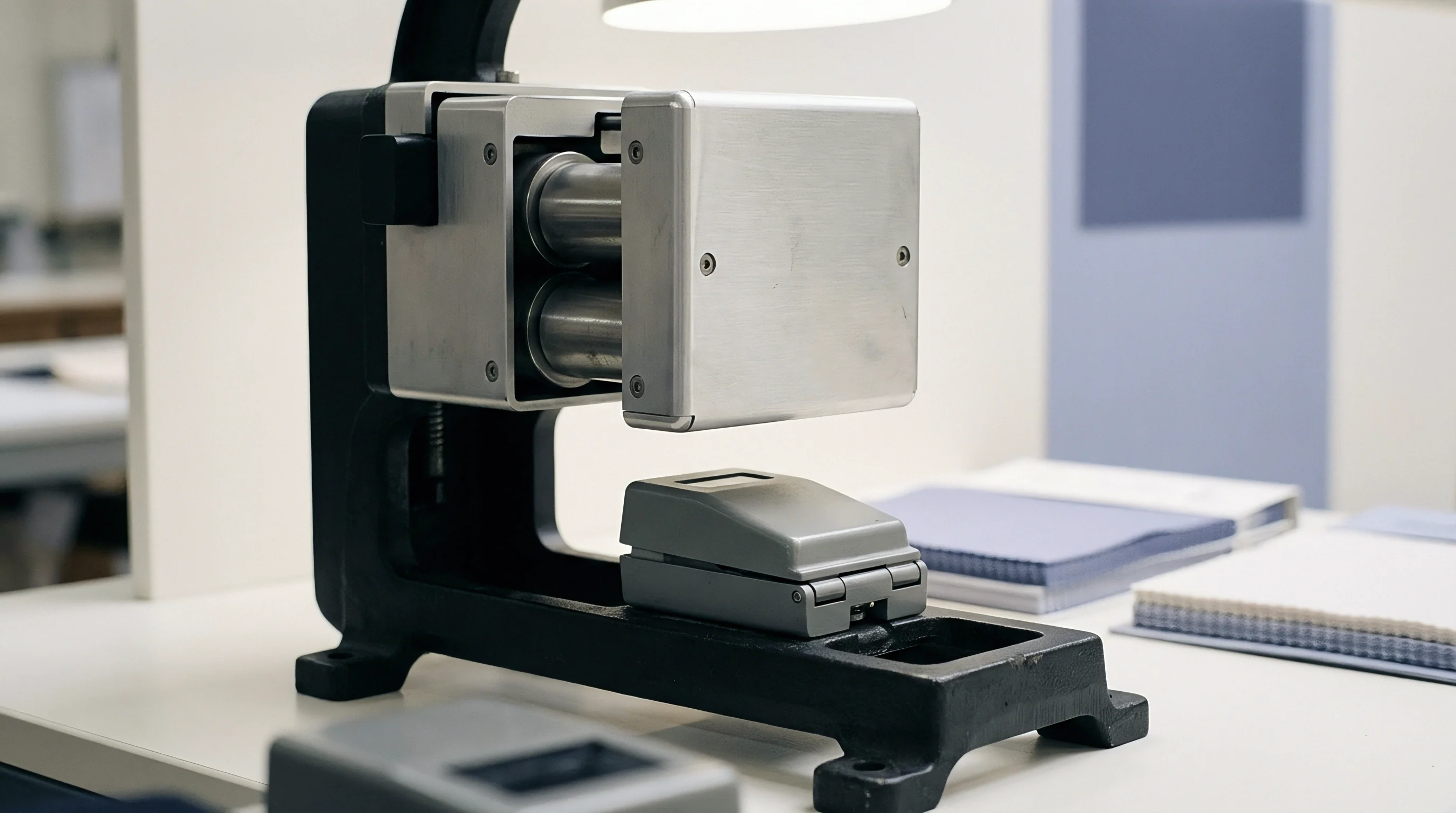 Heavy mechanical testing equipment sits on a white laboratory workbench next to sample swatches during textile analysis.
