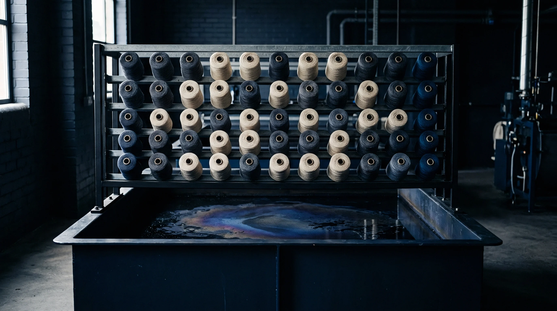 A metal rack holding rows of textile yarn bobbins hangs above a dark industrial vat of process liquid in a textile production facility.