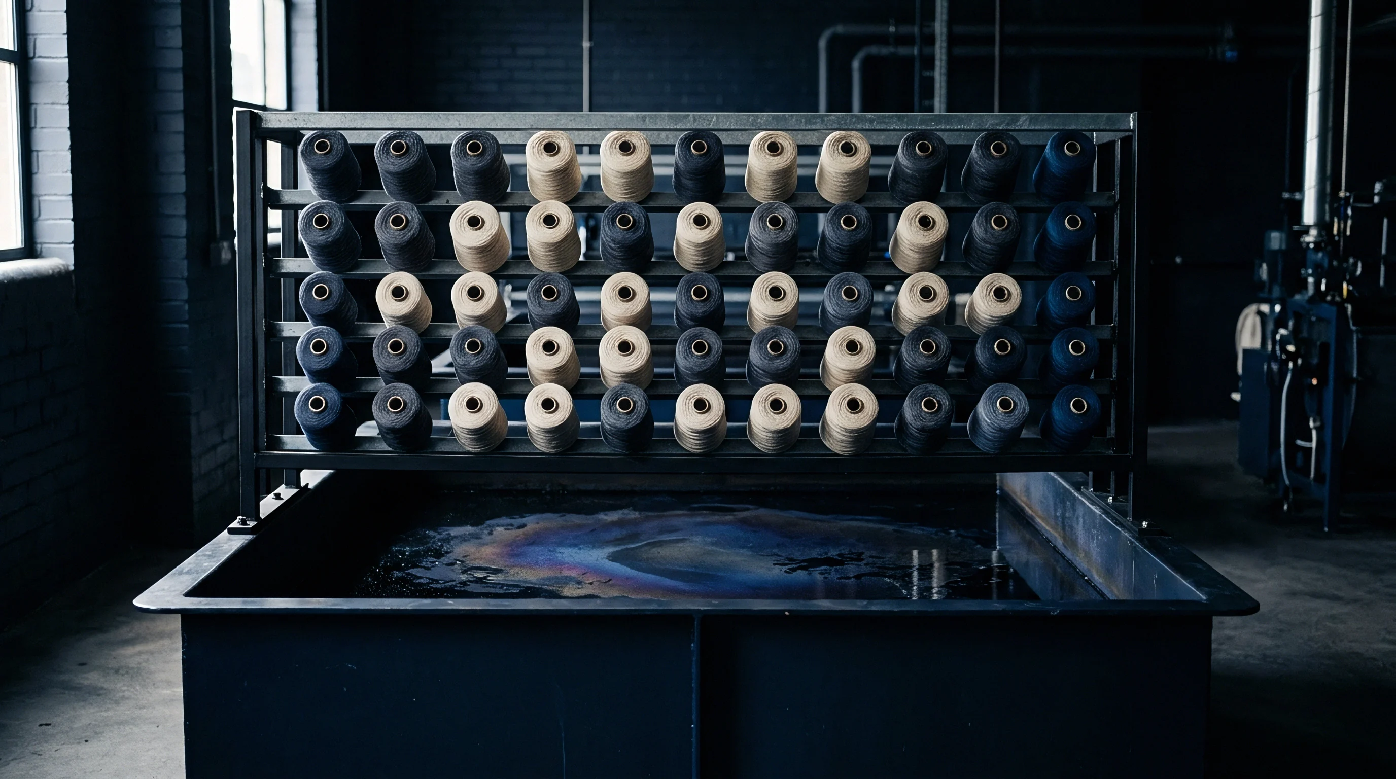 A metal rack holding rows of textile yarn bobbins hangs above a dark industrial vat of process liquid in a textile production facility.