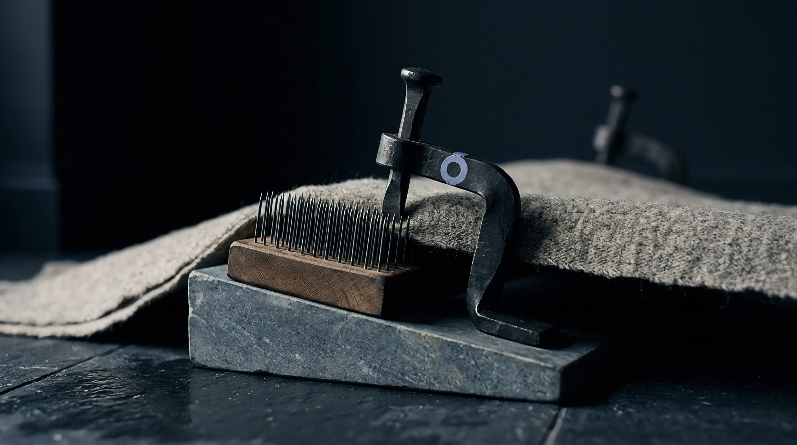 A heavy iron clamp anchors a woven wool fabric against a pointed pin board positioned on a slanted stone slab.