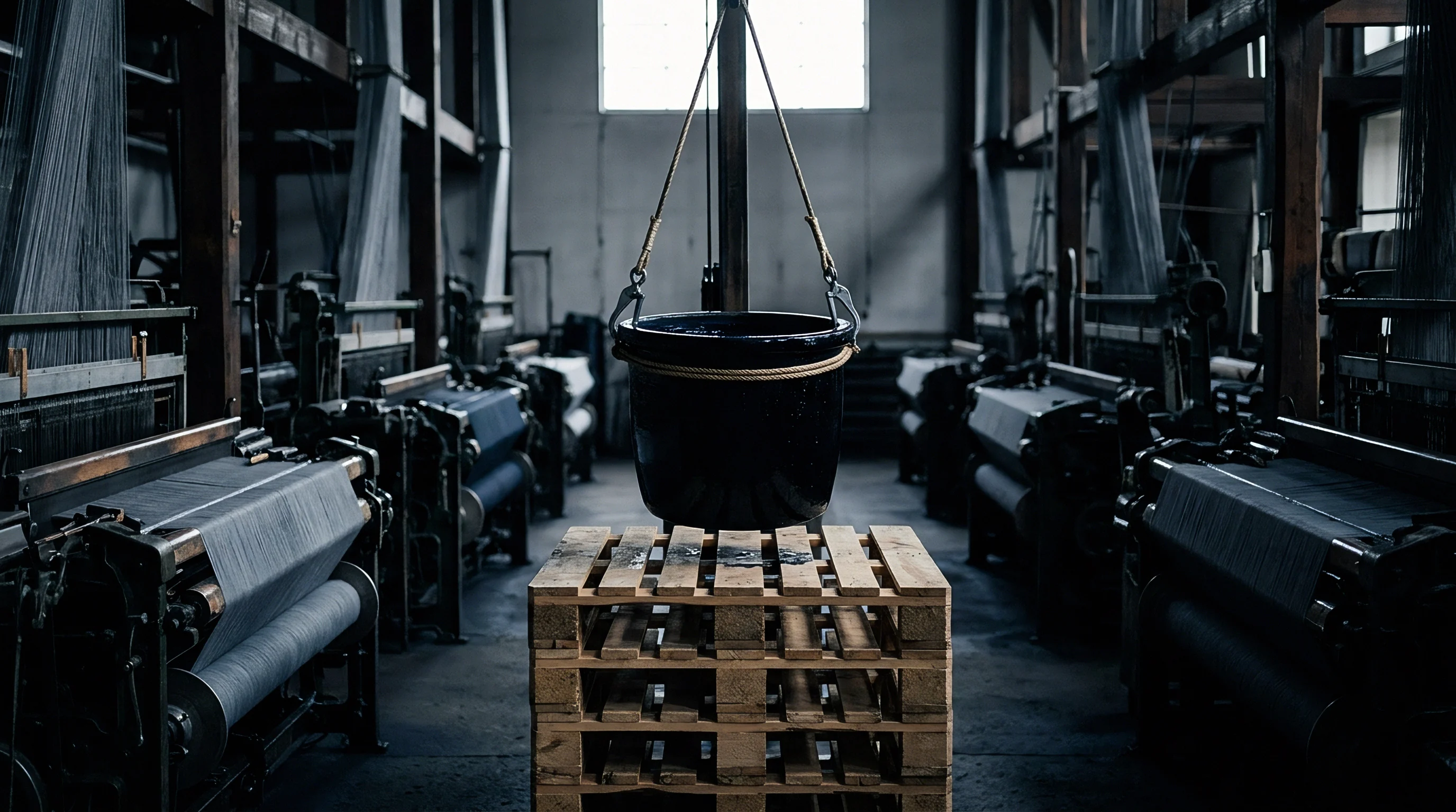 A dark ceramic dyeing vessel hangs suspended above stacked wooden pallets flanked by industrial weaving machinery inside a textile factory.