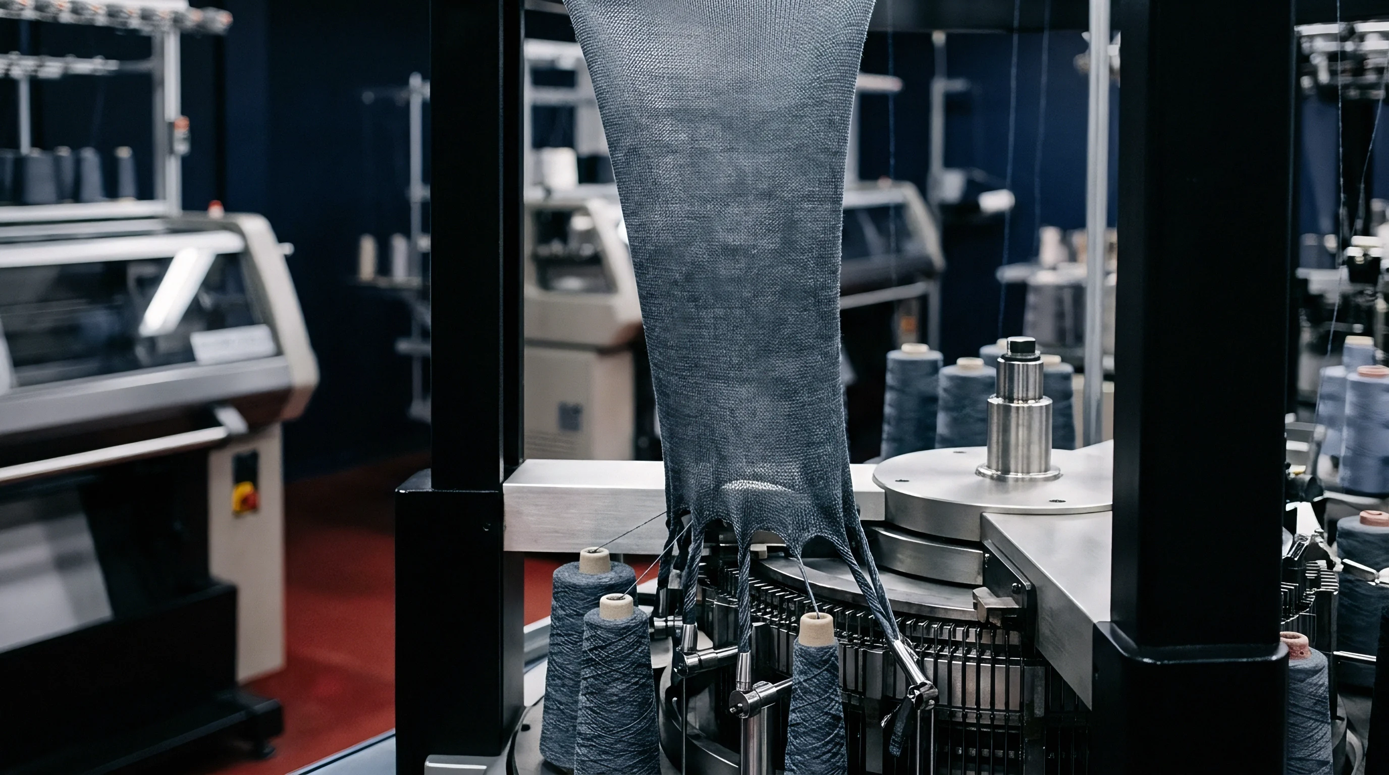 Industrial circular knitting machinery draws grey tubular fabric upward through tension rings inside a textile manufacturing facility production floor.