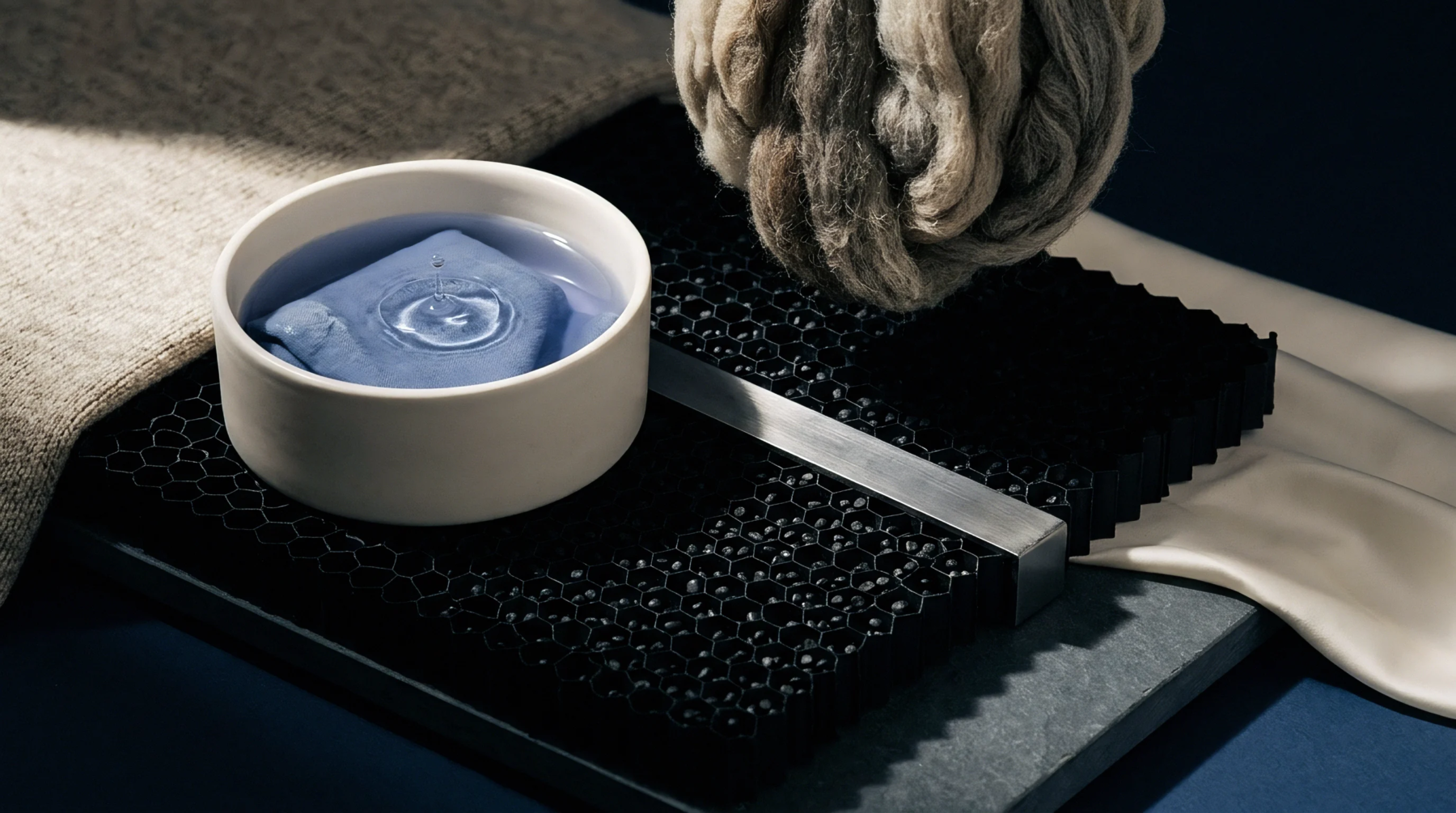 A ceramic bowl holds blue liquid and submerged fabric alongside raw wool roving and honeycomb core structures on a dark stone surface.