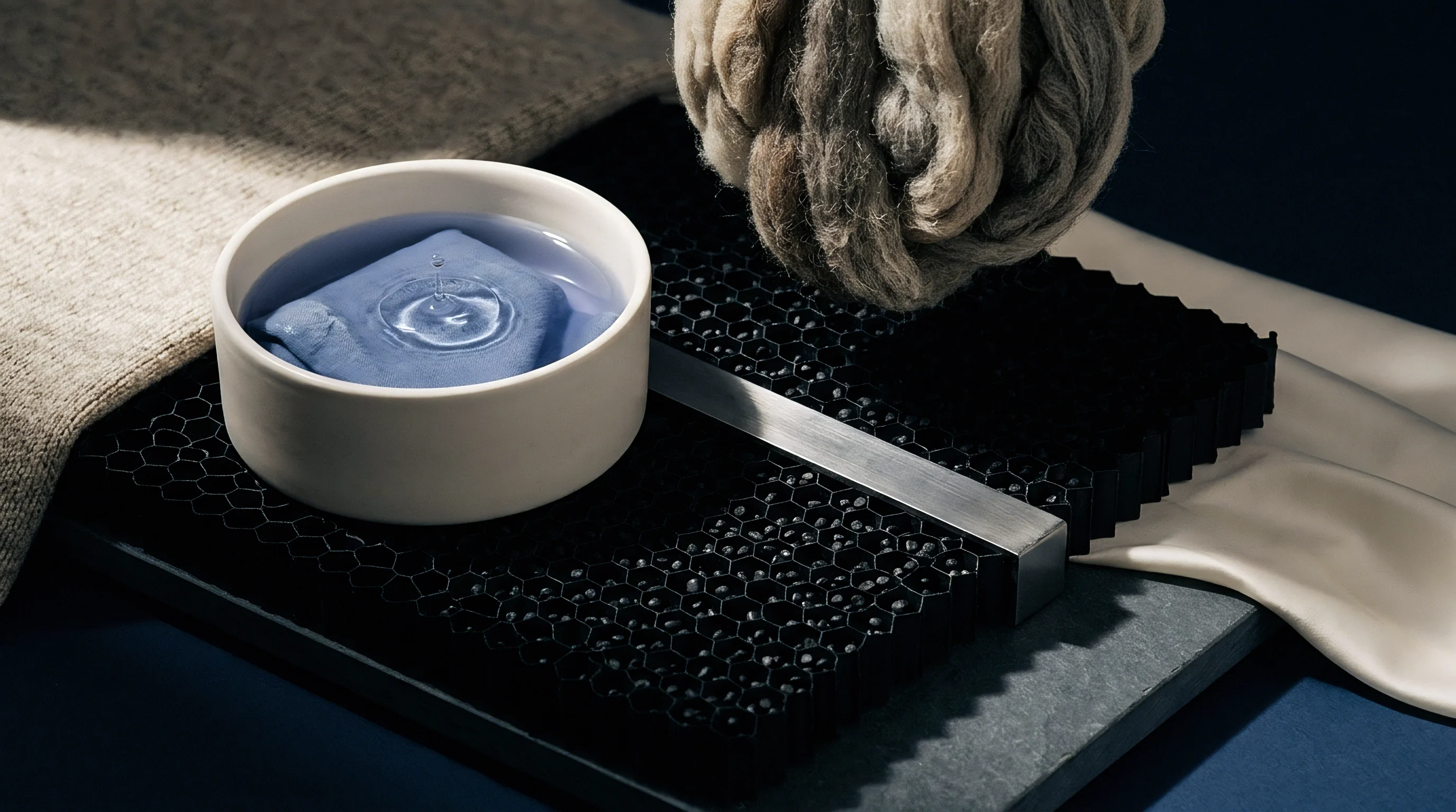 A ceramic bowl holds blue liquid and submerged fabric alongside raw wool roving and honeycomb core structures on a dark stone surface.