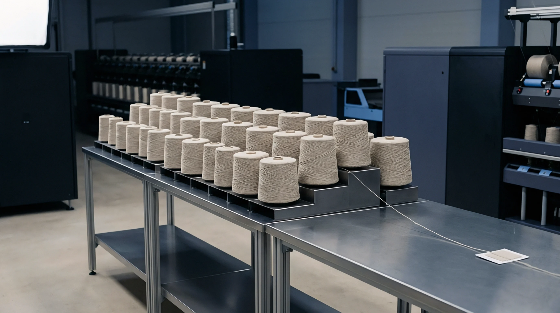 Numerous spools of light beige yarn are neatly arranged on tiered metal shelving in an industrial textile production facility.